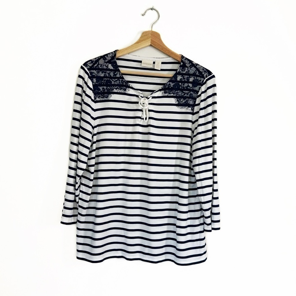 Chicos Shirt Womens 2 US Large Blue White Striped Lace 3/4 Stretch